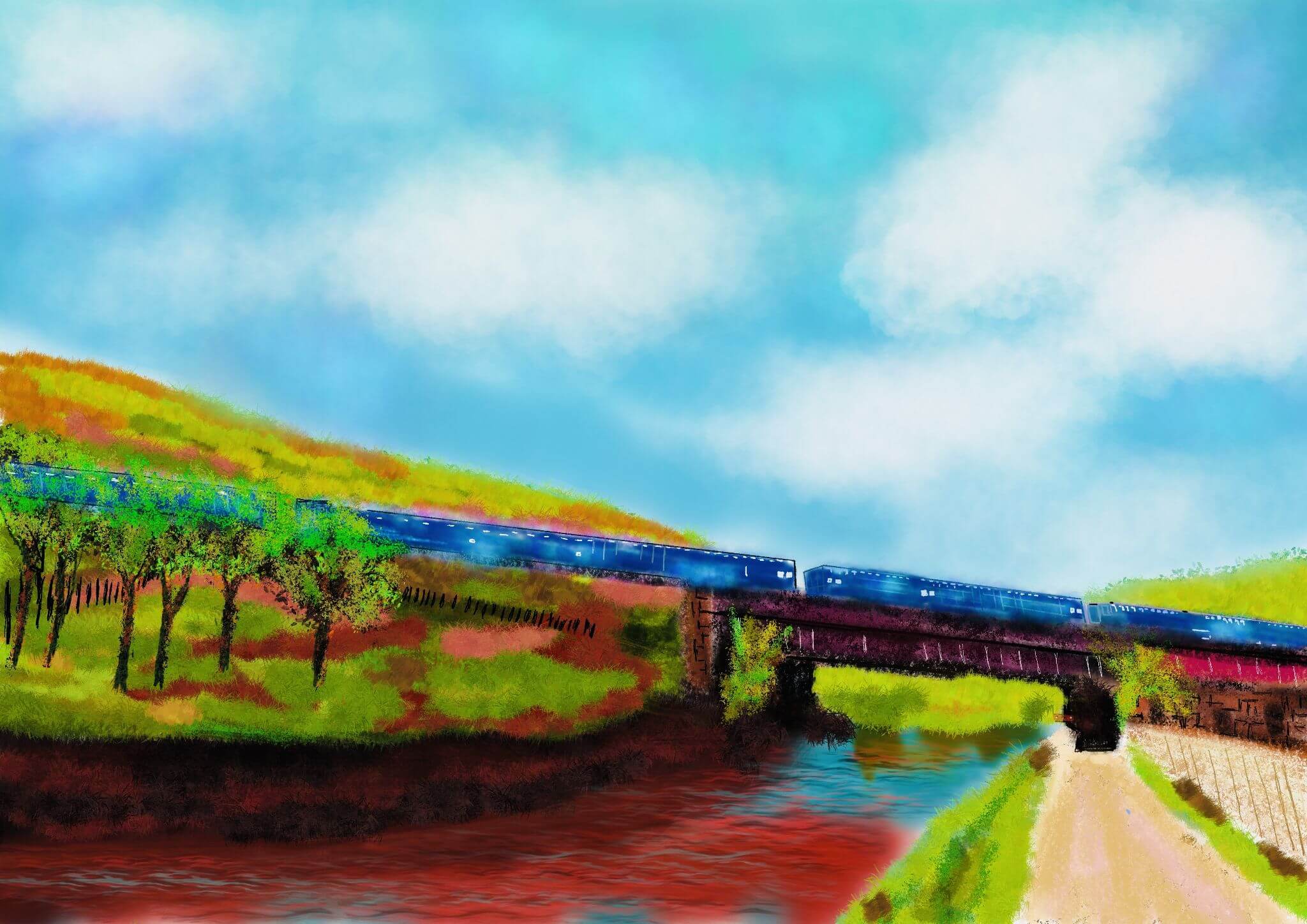 Blue train over Rochdale Canal, Todmorden