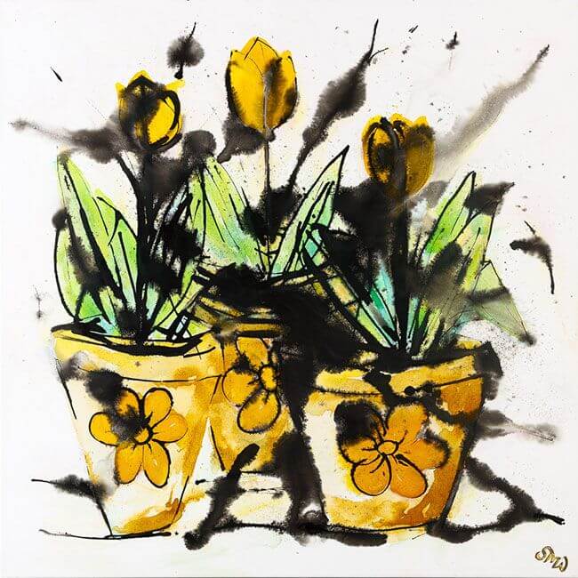 Three Yellow Tulips in Three Yellow Pots