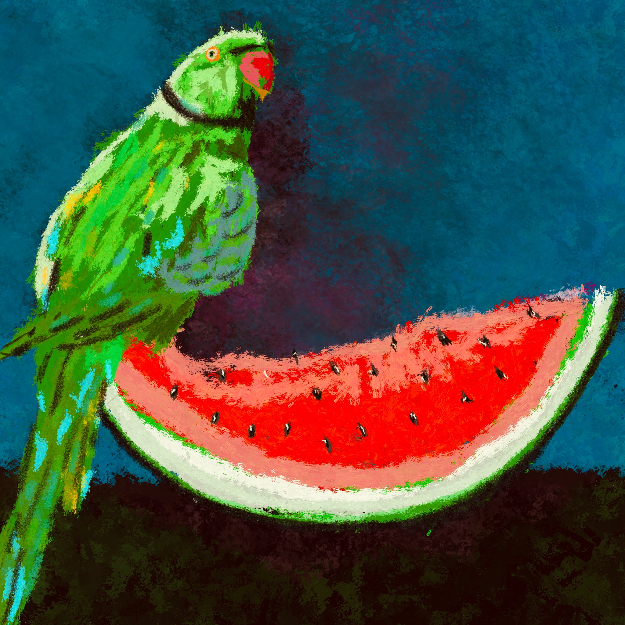 Parrot on watermelon